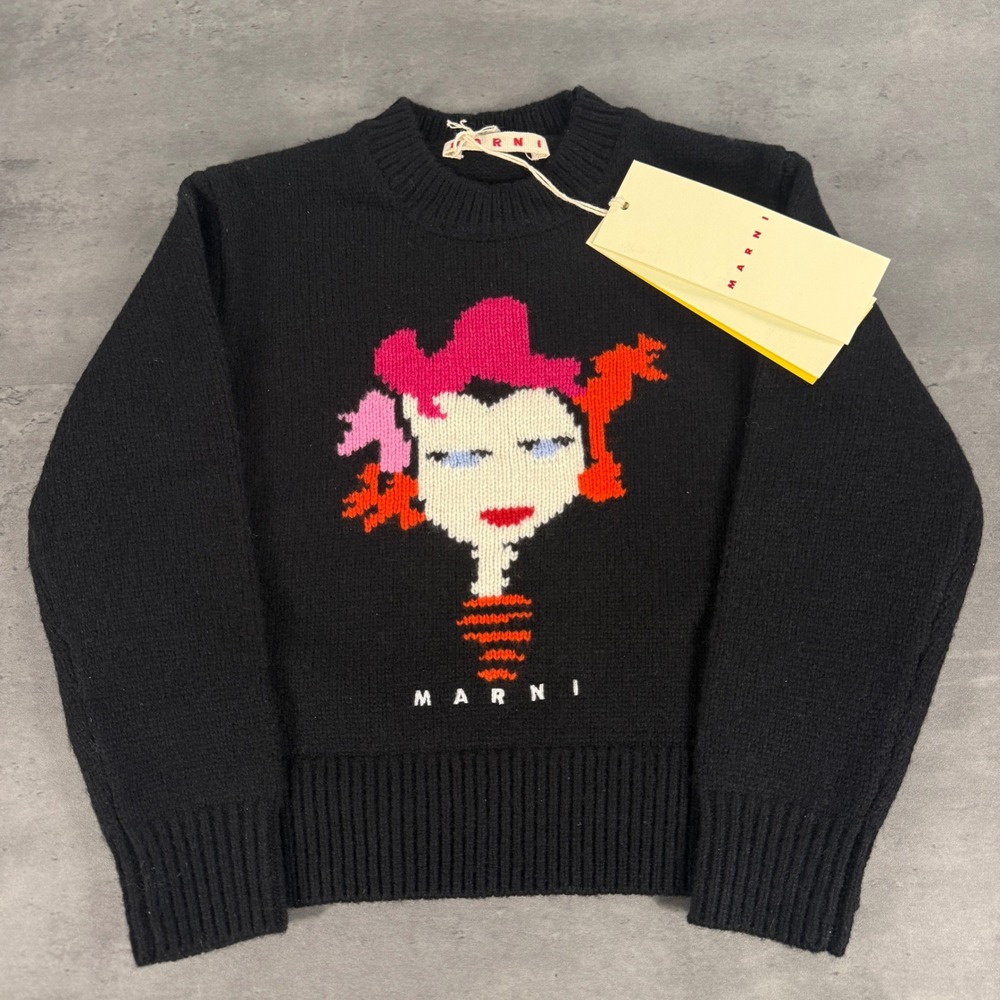 Marni Sweater Kids Youth 4Y Black Rock Band Doll Face Graphic Wool Blend NEW